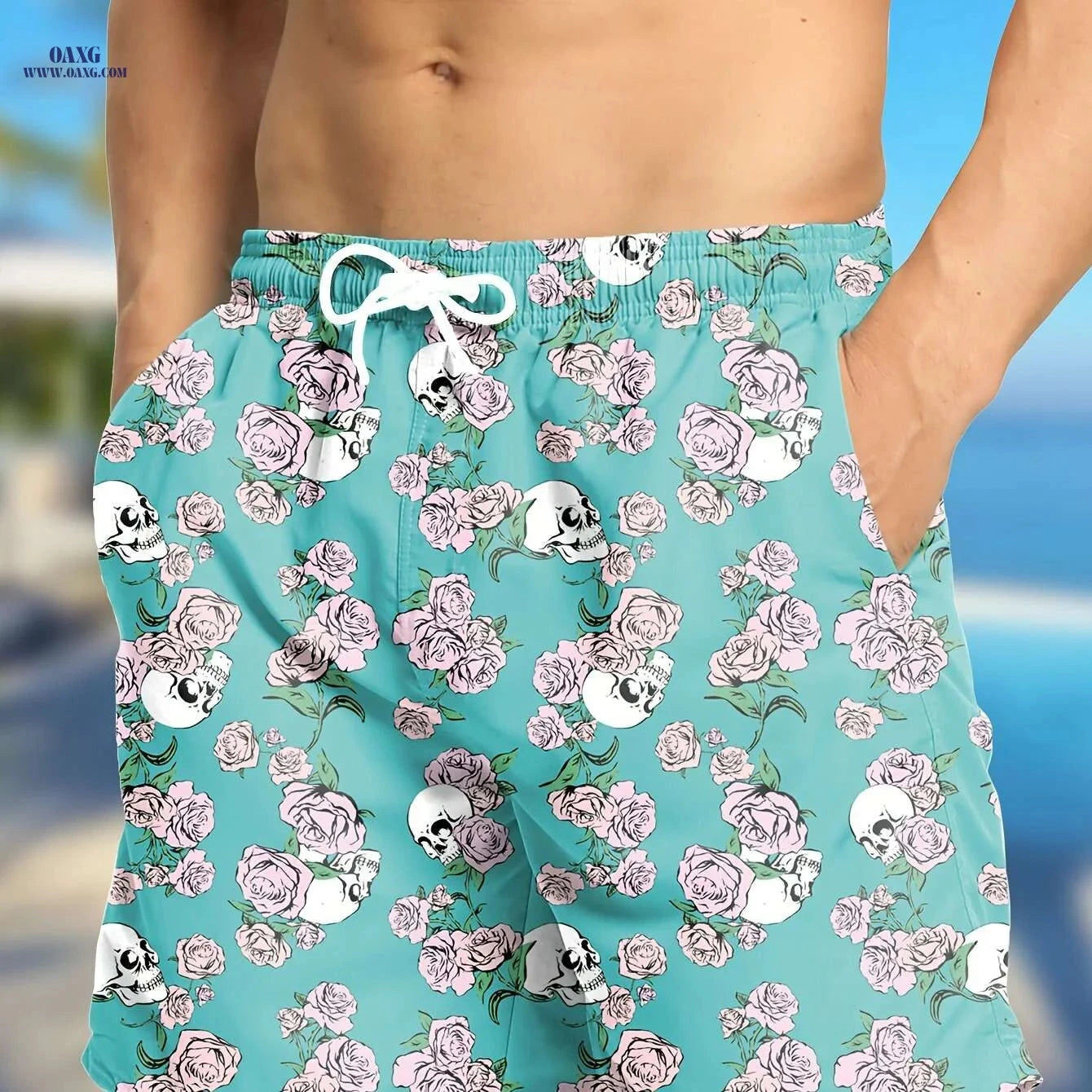 Hawaiian Print Swim Trunks for Men - Quick Dry, Drawstring Beach Shorts   OAXG 