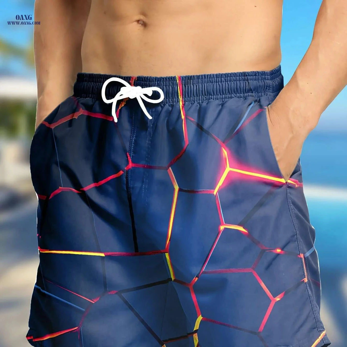 Hawaiian Print Swim Trunks for Men - Quick Dry, Drawstring Beach Shorts   OAXG 