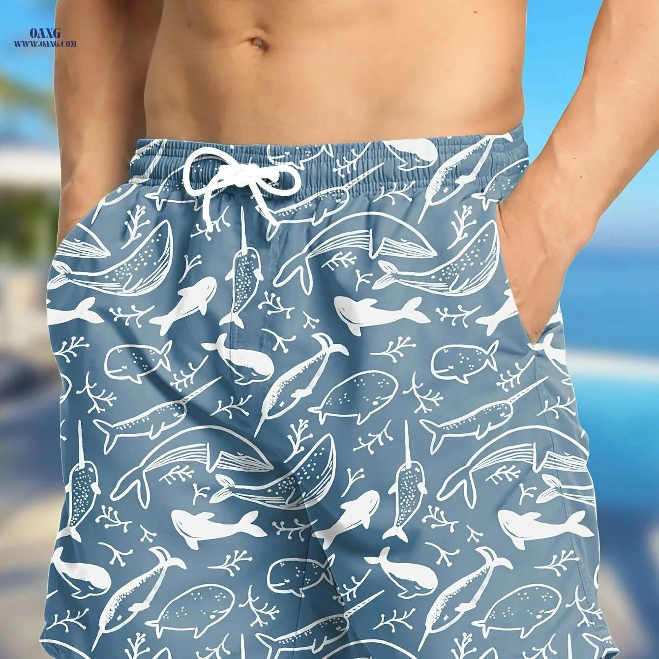 Hawaiian Print Swim Trunks for Men - Quick Dry, Drawstring Beach Shorts   OAXG 