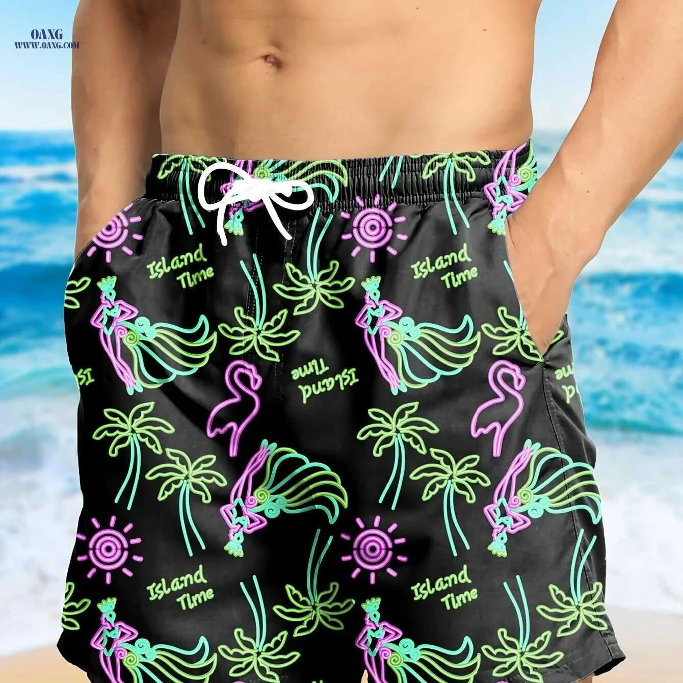 Hawaiian Print Swim Trunks for Men - Quick Dry, Drawstring Beach Shorts   OAXG 