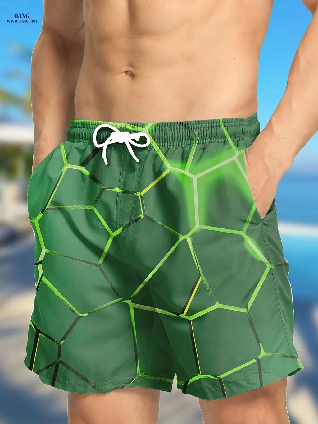 Hawaiian Print Swim Trunks for Men - Quick Dry, Drawstring Beach Shorts   OAXG 