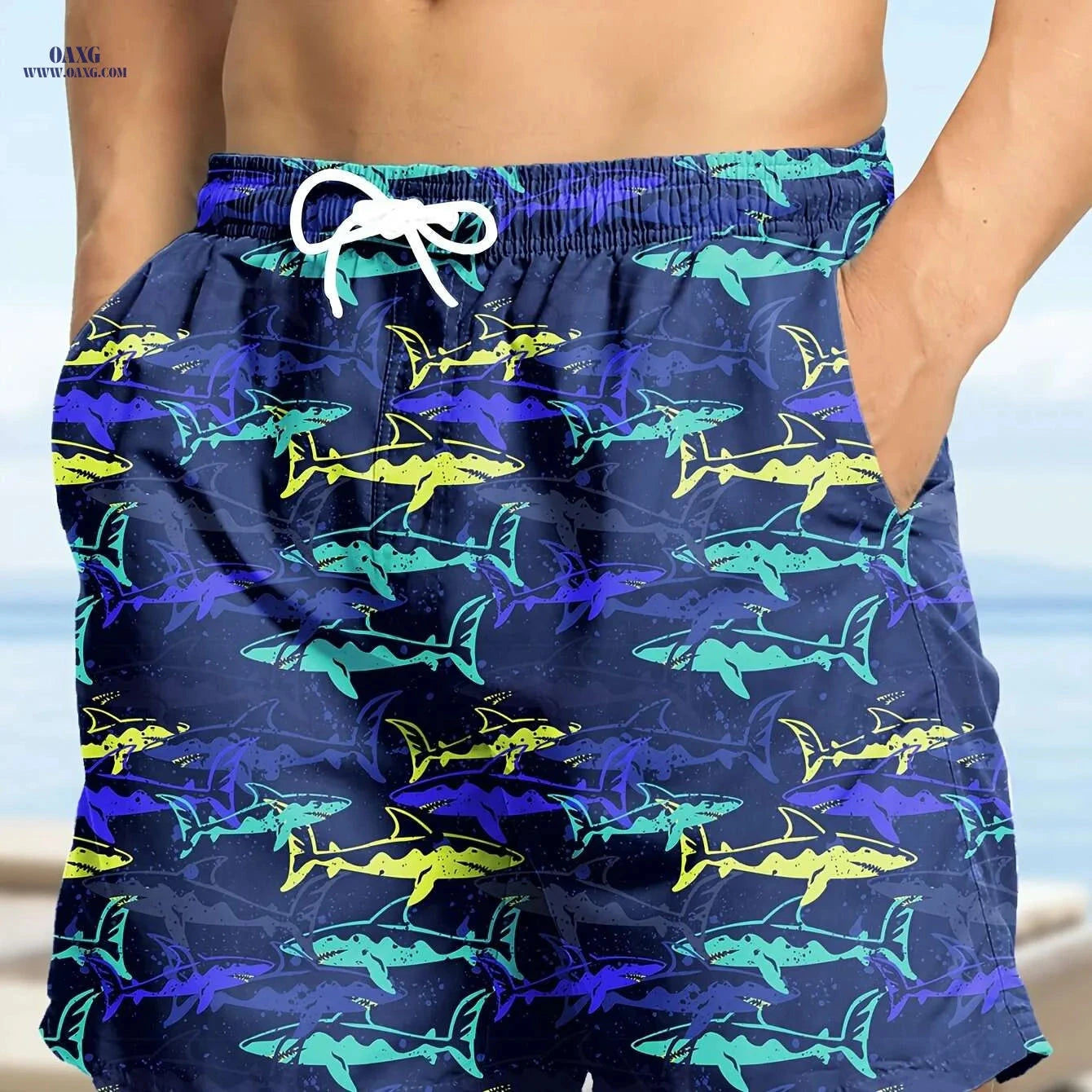 Hawaiian Print Swim Trunks for Men - Quick Dry, Drawstring Beach Shorts   OAXG 