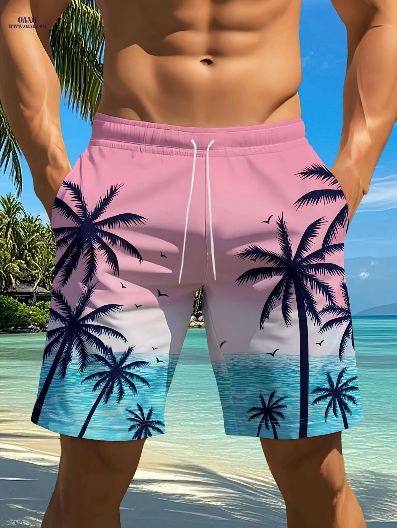 Hawaiian Tropical Palm Tree Shorts - Summer Casual Beachwear   OAXG 