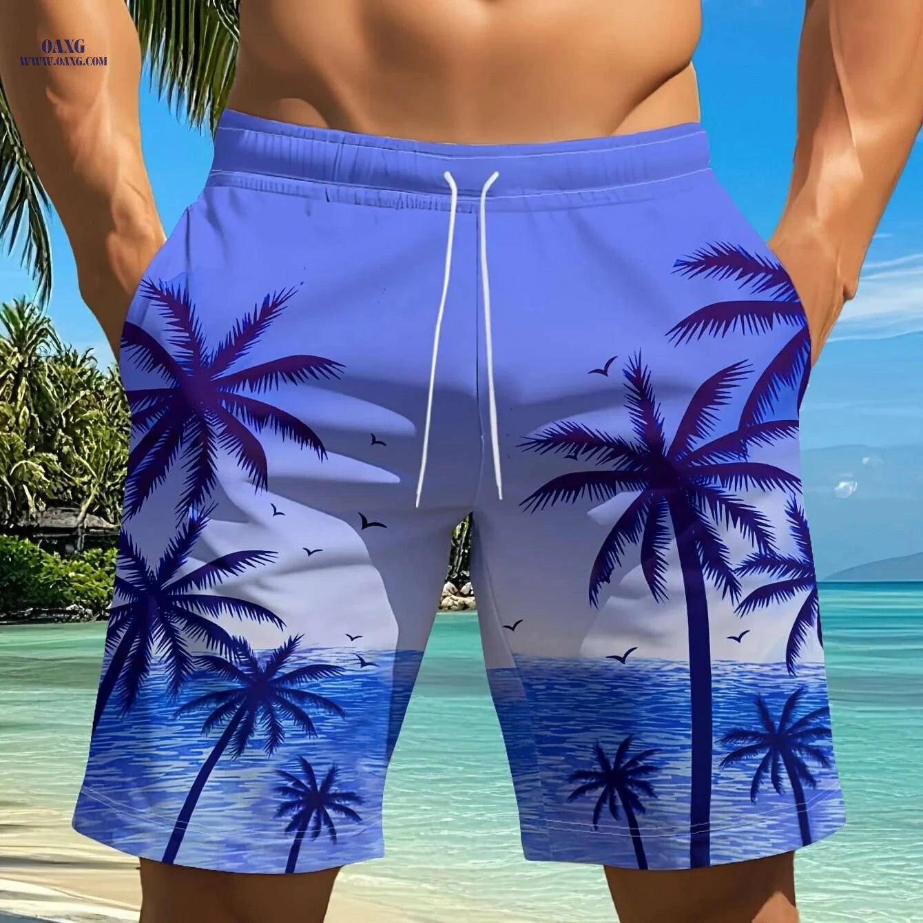 Hawaiian Tropical Palm Tree Shorts - Summer Casual Beachwear   OAXG 