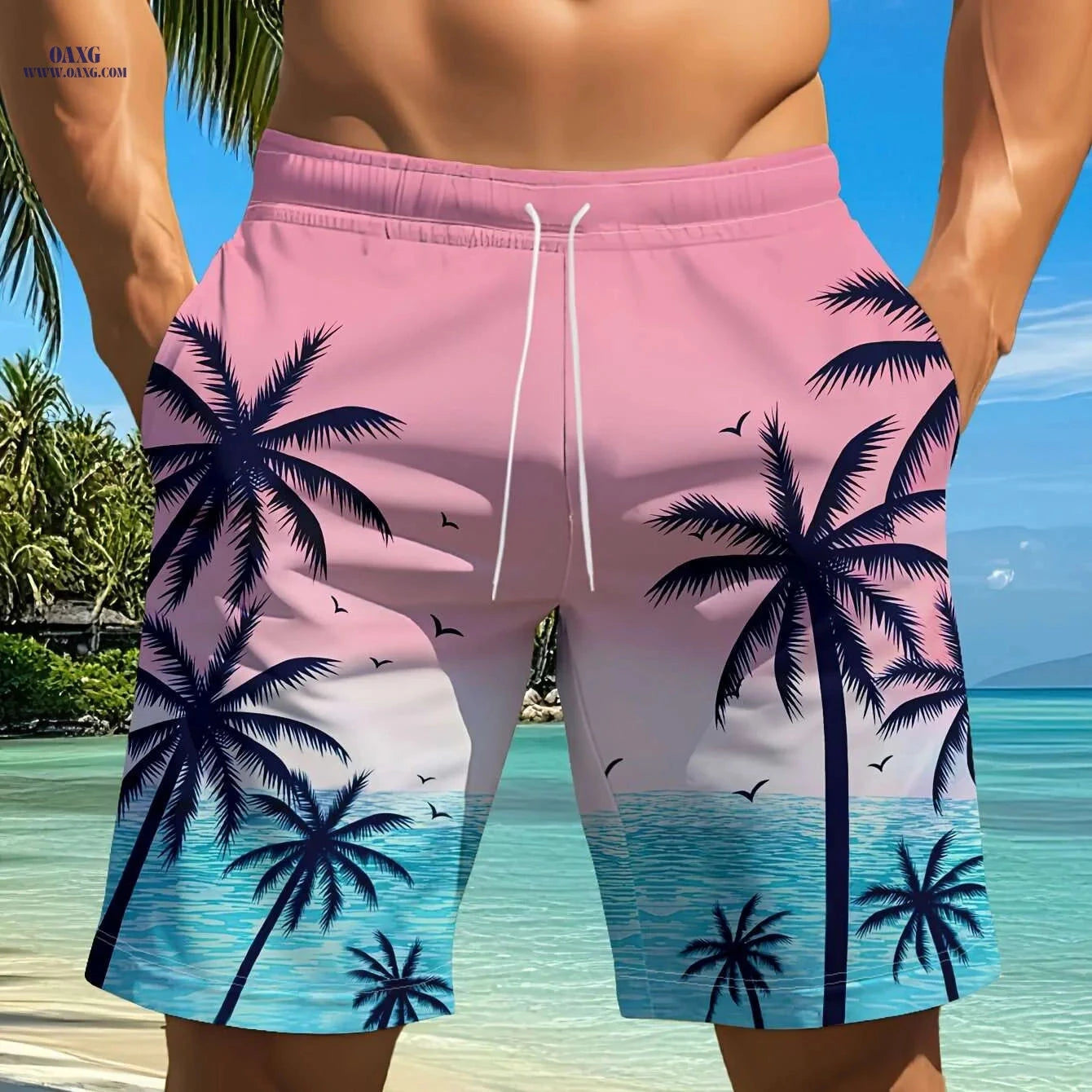 Hawaiian Tropical Palm Tree Shorts - Summer Casual Beachwear   OAXG Mixed Color / S