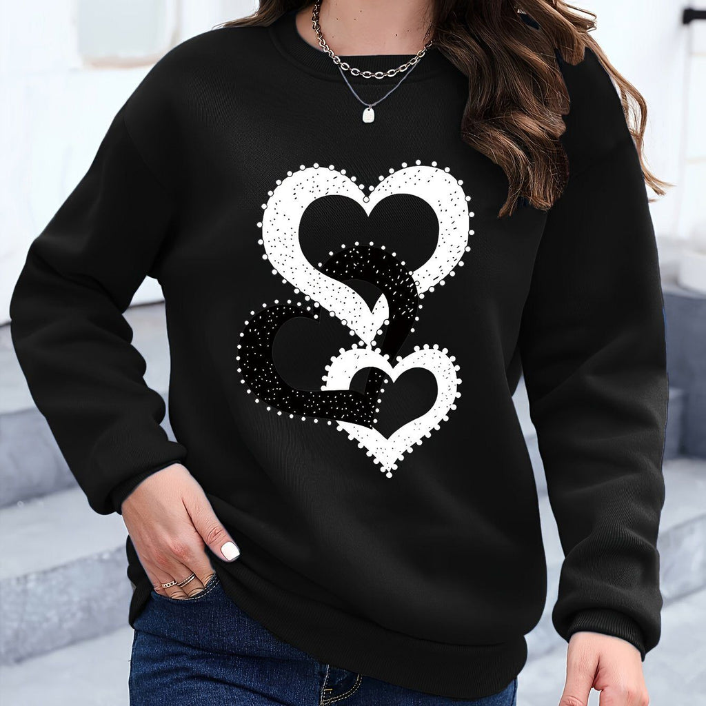 Heart Pattern Print Long Sleeve Sweatshirt, Women'S Round Neck Casual Top, Basic Pullover Sweater, Fabric, Suitable for Autumn/Winter Outdoor Activities And Daily Wear, Women'S Clothing   OAXG Black / S