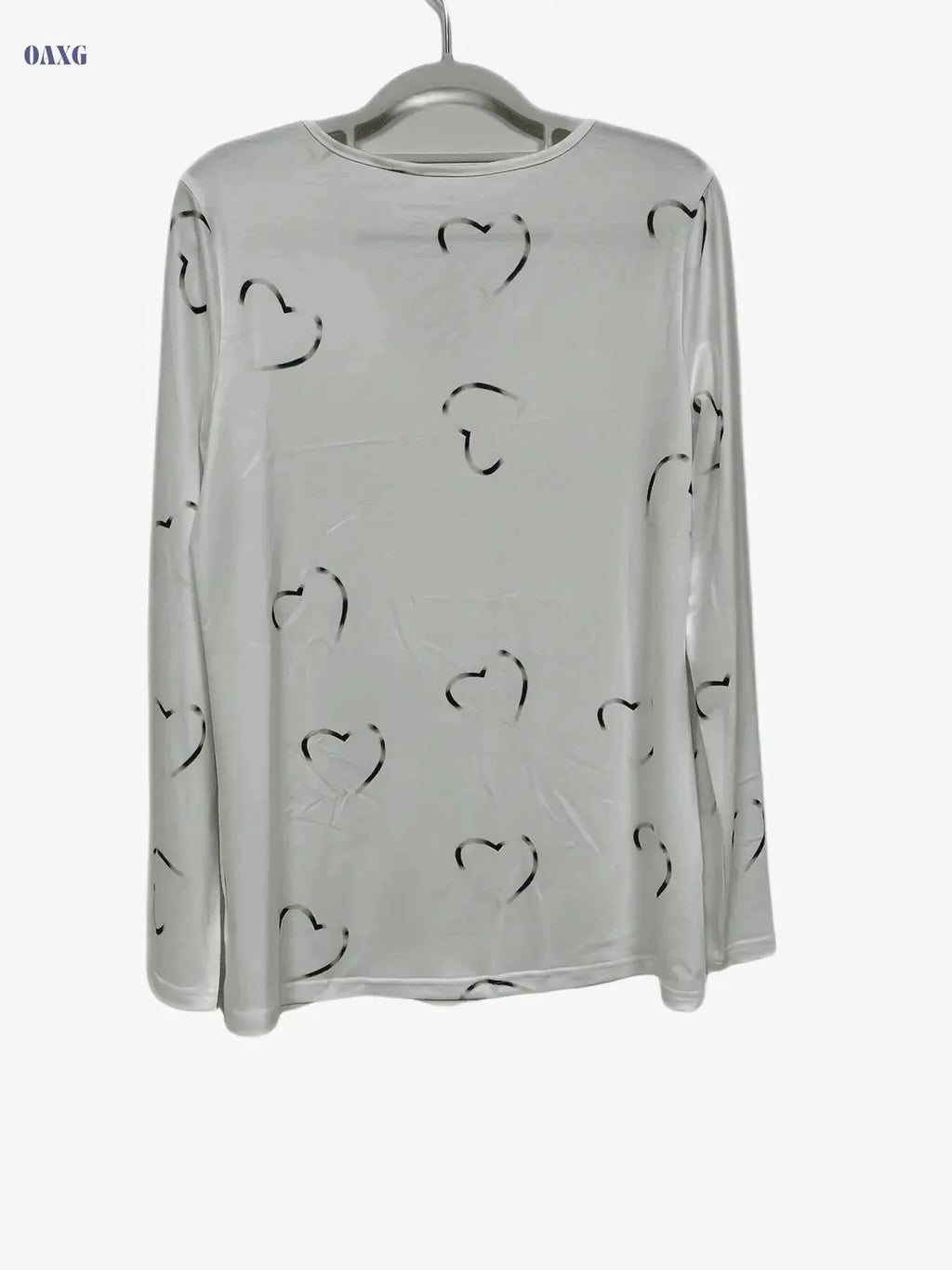 Heart Print Long Sleeve T-shirt - Casual V-neck Top for Women   OAXG White / S