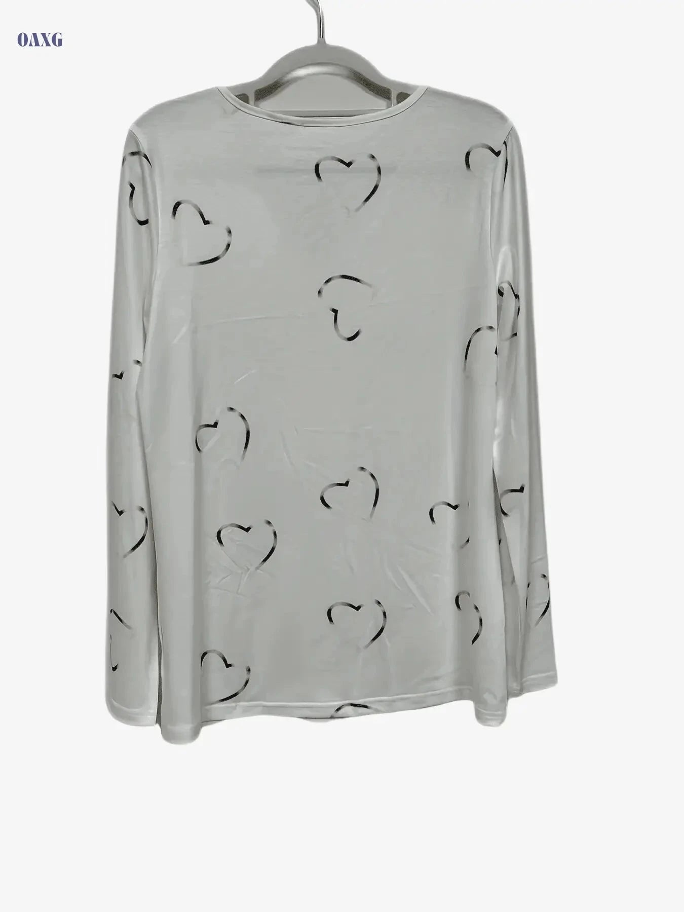 Heart Print Long Sleeve T-shirt - Casual V-neck Top for Women   OAXG White / S