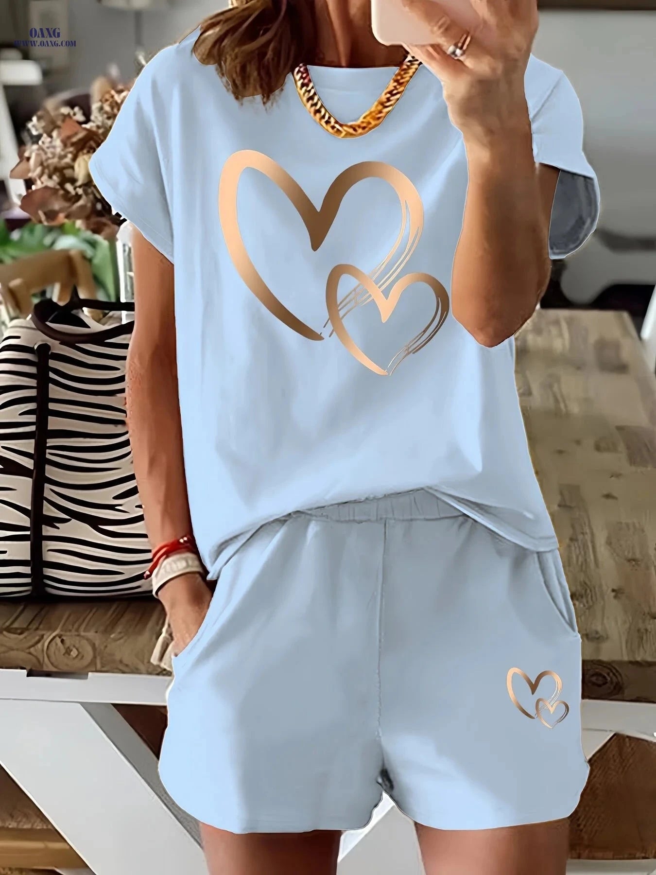 Heart Print Women's 2pcs Set - Casual T-Shirt & Shorts Outfit   OAXG 