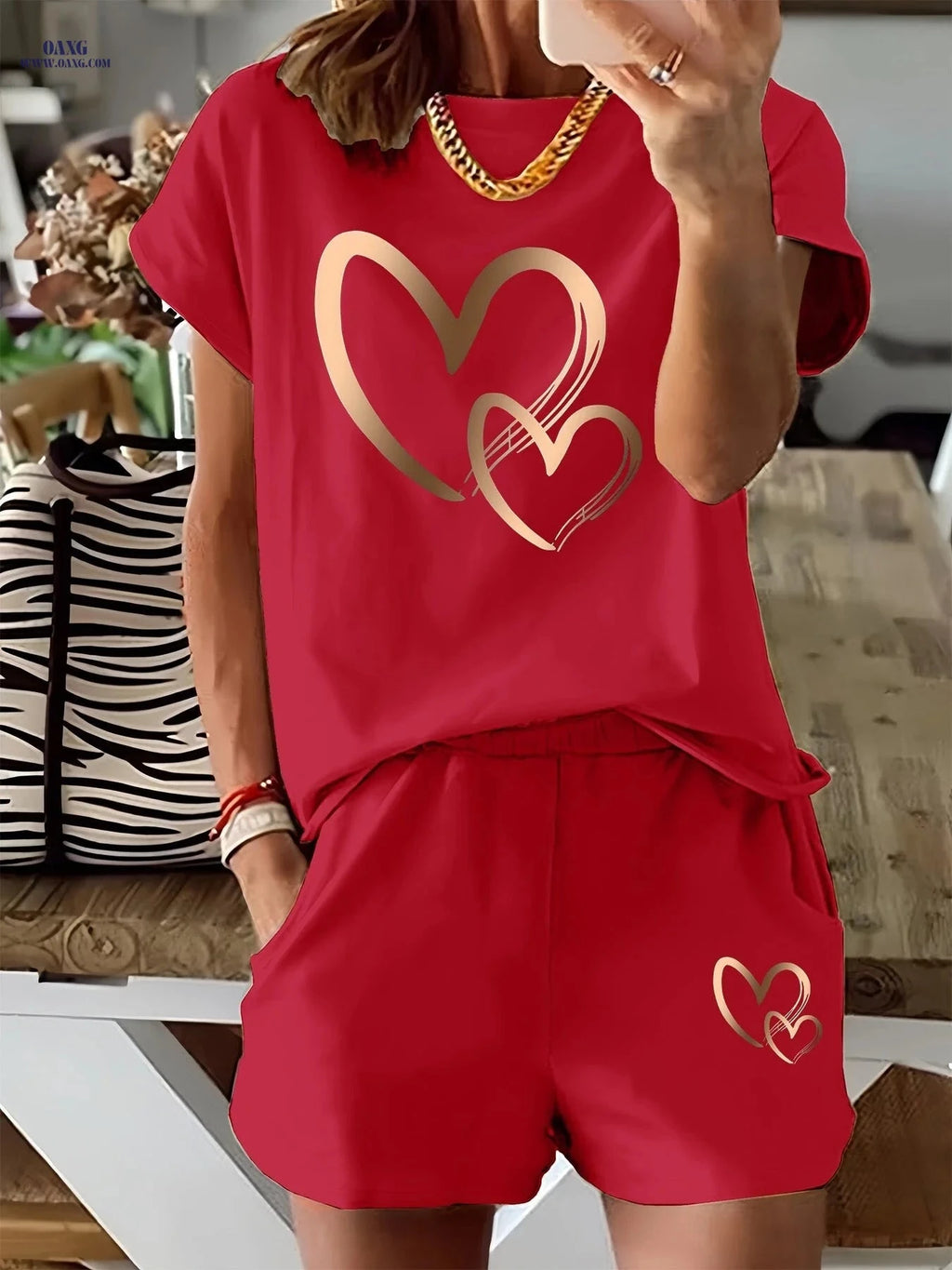 Heart Print Women's 2pcs Set - Casual T-Shirt & Shorts Outfit   OAXG Black / S