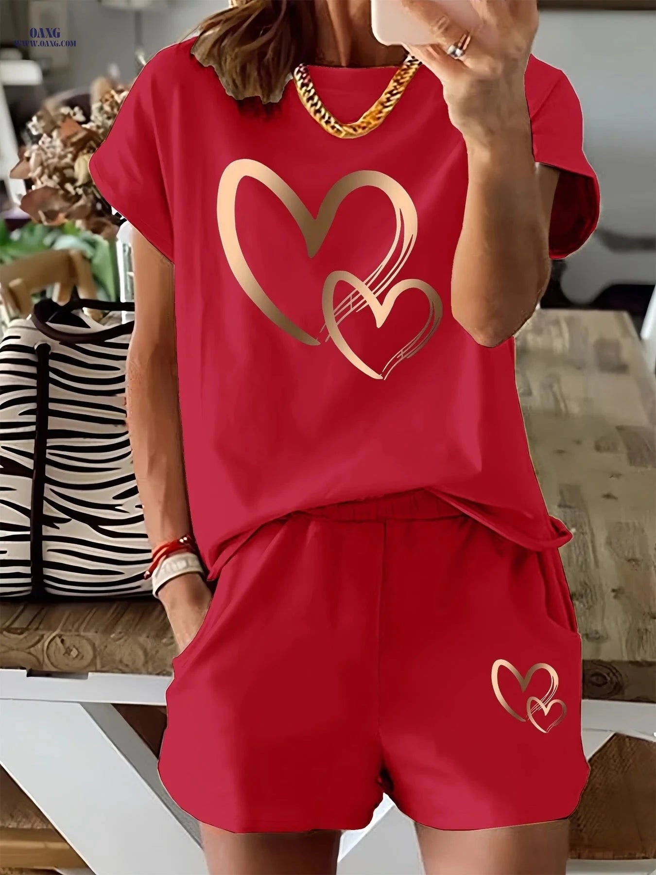 Heart Print Women's 2pcs Set - Casual T-Shirt & Shorts Outfit   OAXG Black / S