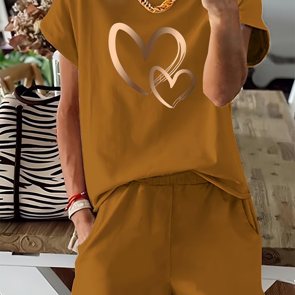 Heart Print Women's 2pcs Set - Casual T-Shirt & Shorts Outfit   OAXG Black / S