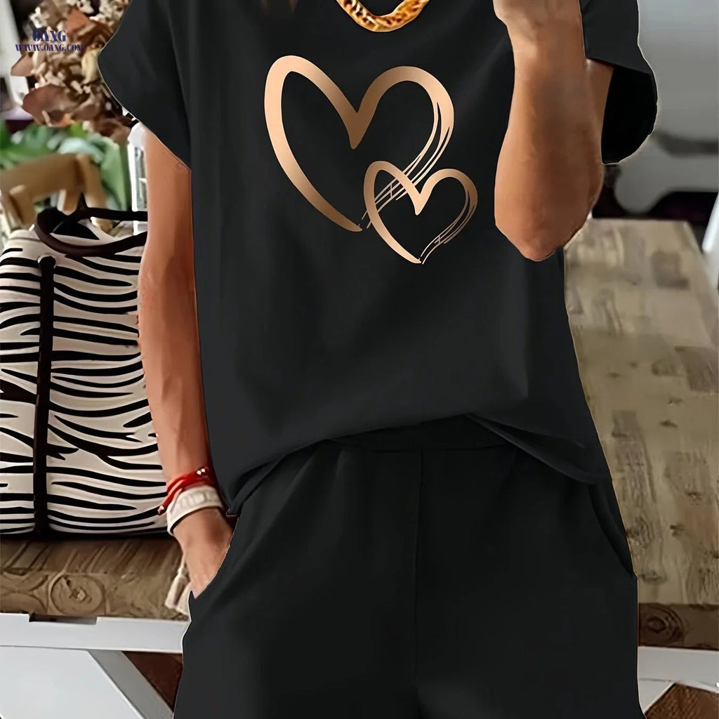 Heart Print Women's 2pcs Set - Casual T-Shirt & Shorts Outfit   OAXG Black / S