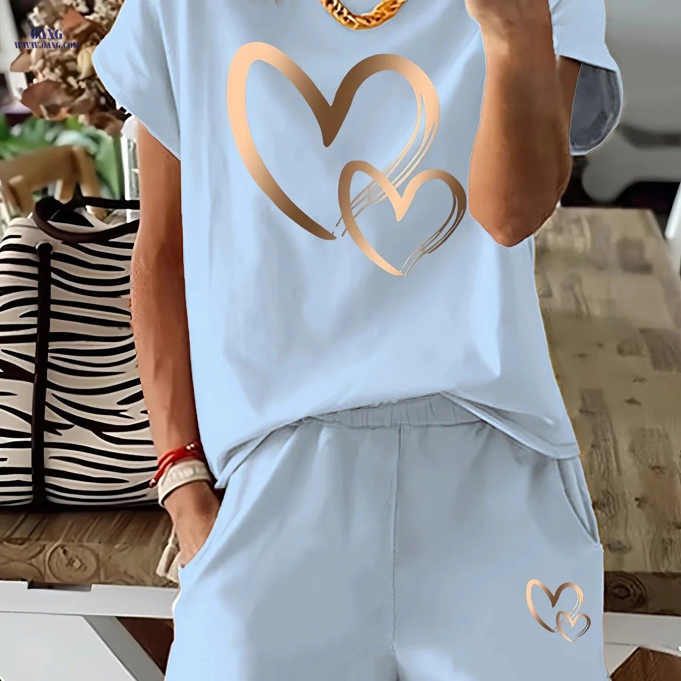 Heart Print Women's 2pcs Set - Casual T-Shirt & Shorts Outfit   OAXG Black / S