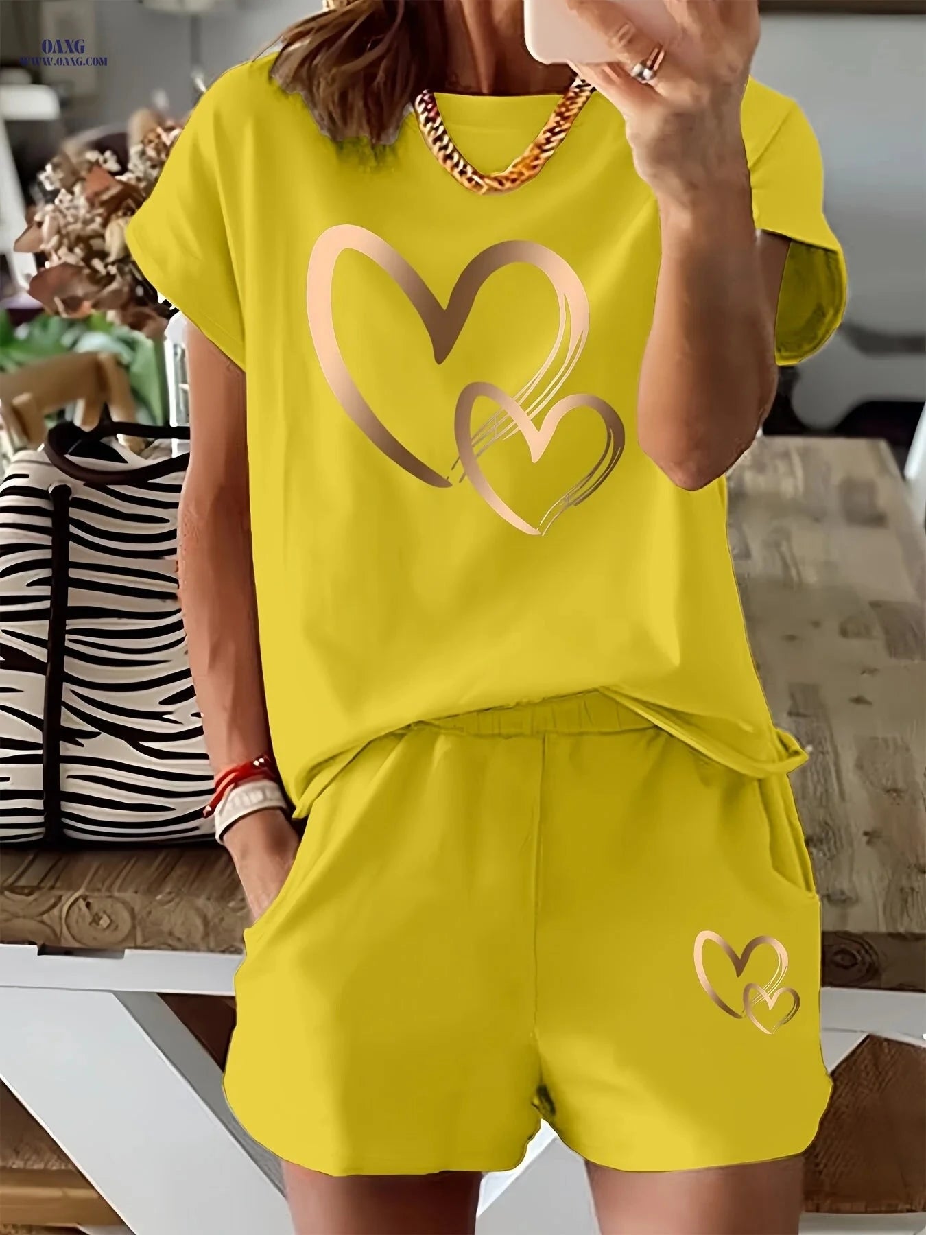 Heart Print Women's 2pcs Set - Casual T-Shirt & Shorts Outfit   OAXG Black / S