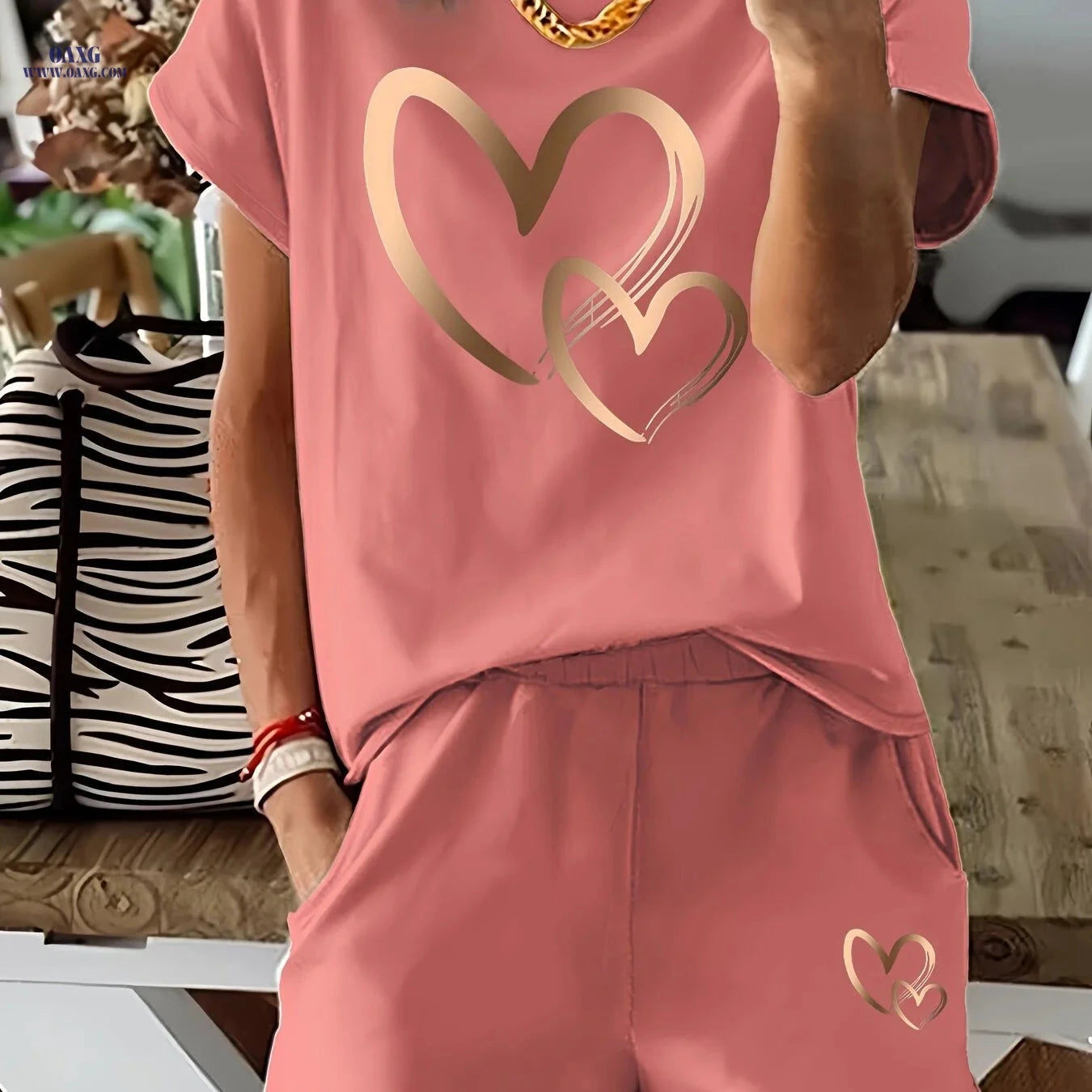 Heart Print Women's 2pcs Set - Casual T-Shirt & Shorts Outfit   OAXG Black / S