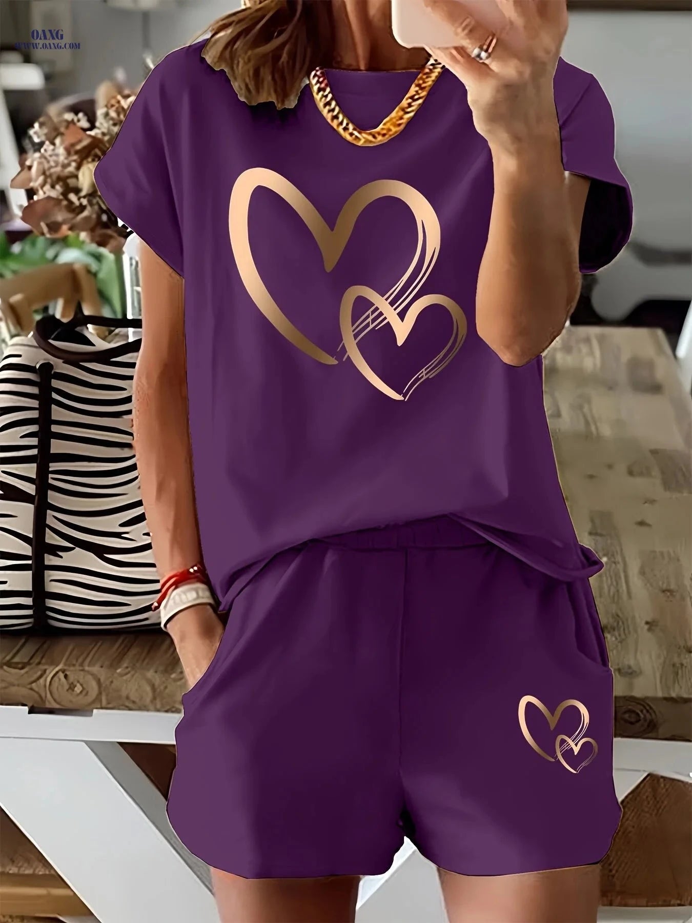 Heart Print Women's 2pcs Set - Casual T-Shirt & Shorts Outfit   OAXG 