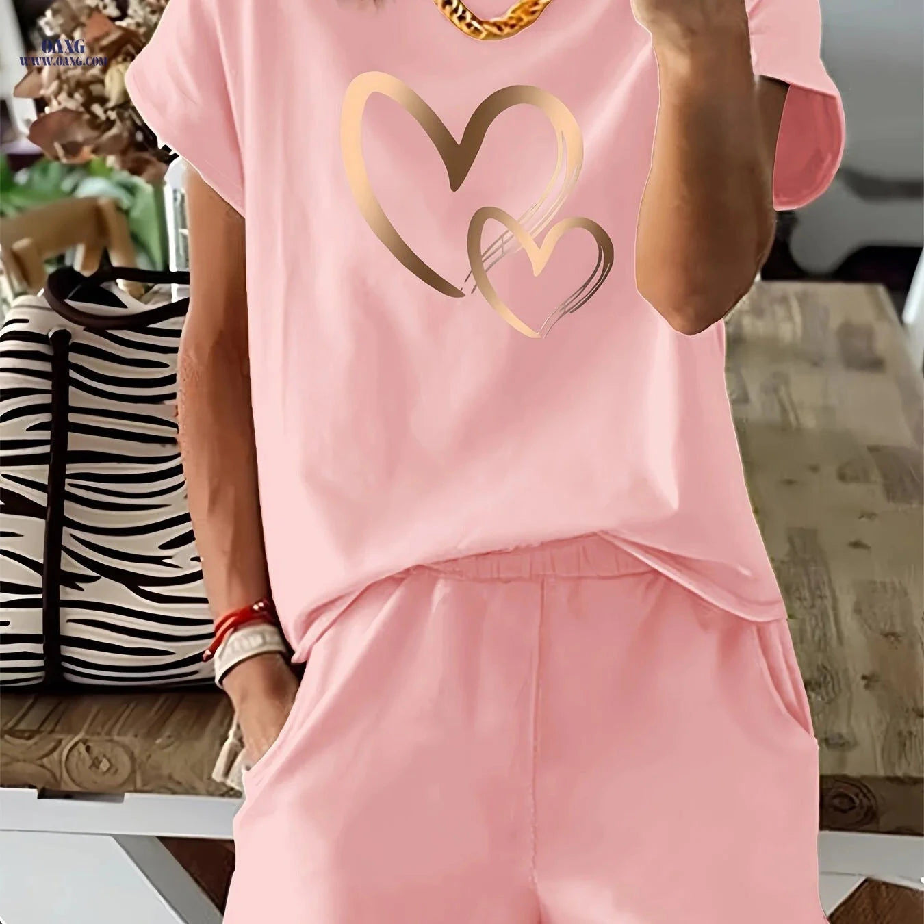 Heart Print Women's 2pcs Set - Casual T-Shirt & Shorts Outfit   OAXG 