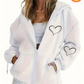 Heart Print Zip-Up Hooded Sweatshirt, Casual Zip-Up Long Sleeve Hoodie - Polyester Fabric, Perfect Choice for Autumn and Winter. Comfortable Women's Zip-Up Hooded Sweatshirt, Fashionable Women's Soft and Breathable, Machine Washable Long Sleeve