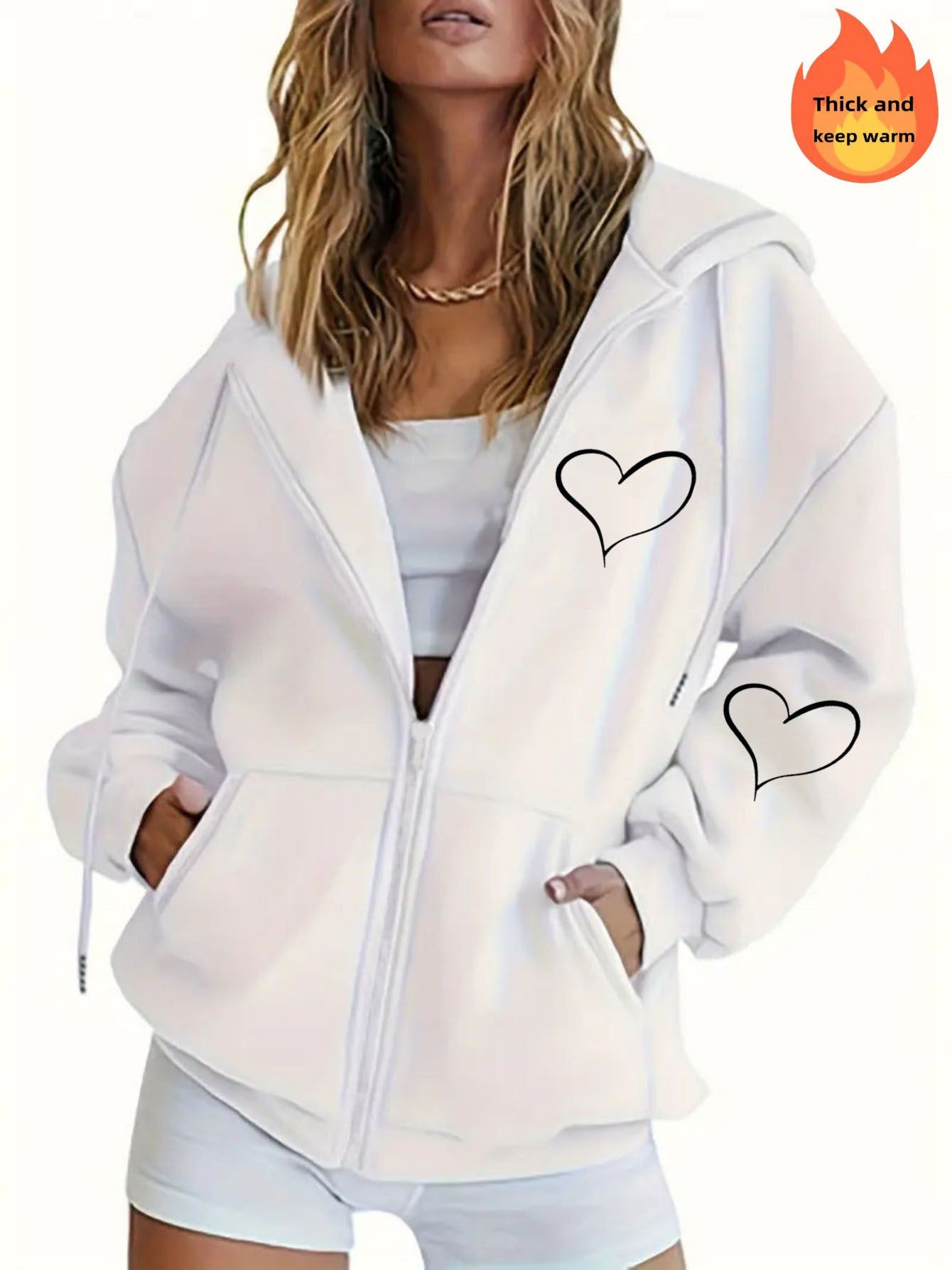 Heart Print Zip-Up Hooded Sweatshirt, Casual Zip-Up Long Sleeve Hoodie - Polyester Fabric, Perfect Choice for Autumn and Winter. Comfortable Women's Zip-Up Hooded Sweatshirt, Fashionable Women's Soft and Breathable, Machine Washable Long Sleeve