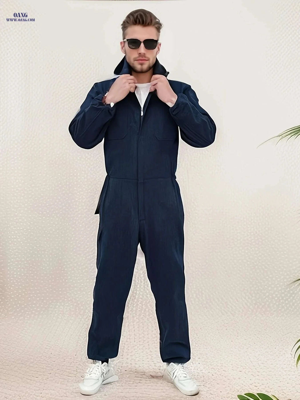 Heavy-Duty Denim Overalls - Hooded Zip Workwear Suit for Men   OAXG 