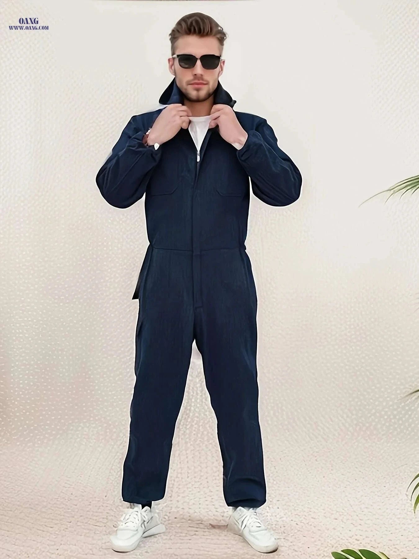 Heavy-Duty Denim Overalls - Hooded Zip Workwear Suit for Men   OAXG 
