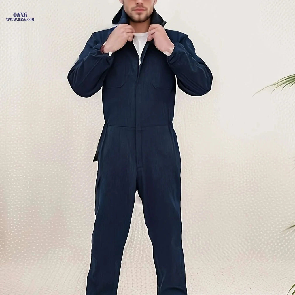 Heavy-Duty Denim Overalls - Hooded Zip Workwear Suit for Men   OAXG Navy Blue / Asian L