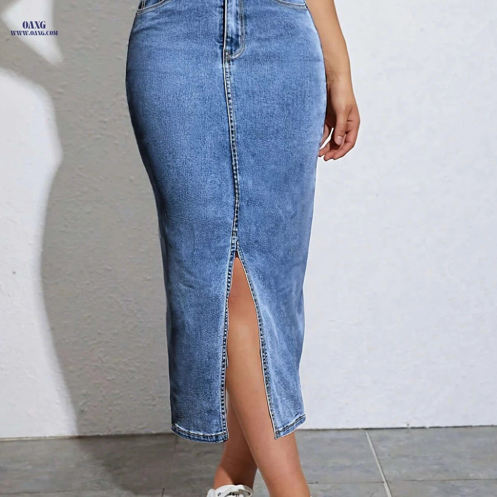 HELAIXIN Women's High-Waisted Denim Wrap Skirt - Slim Fit, Side Slit   OAXG Sea Blue / S