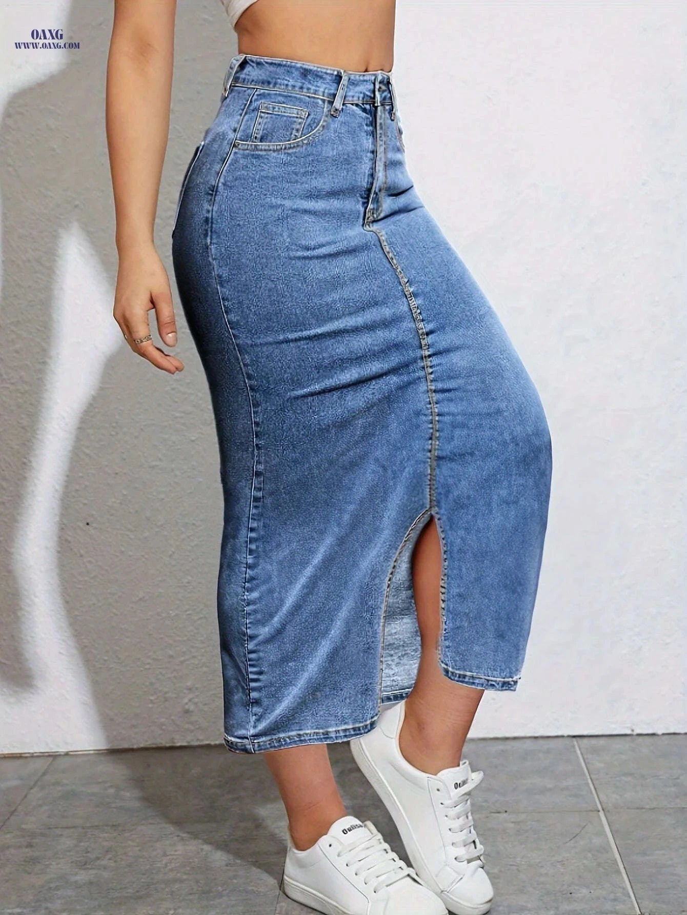HELAIXIN Women's High-Waisted Denim Wrap Skirt - Slim Fit, Side Slit   OAXG Sea Blue / S