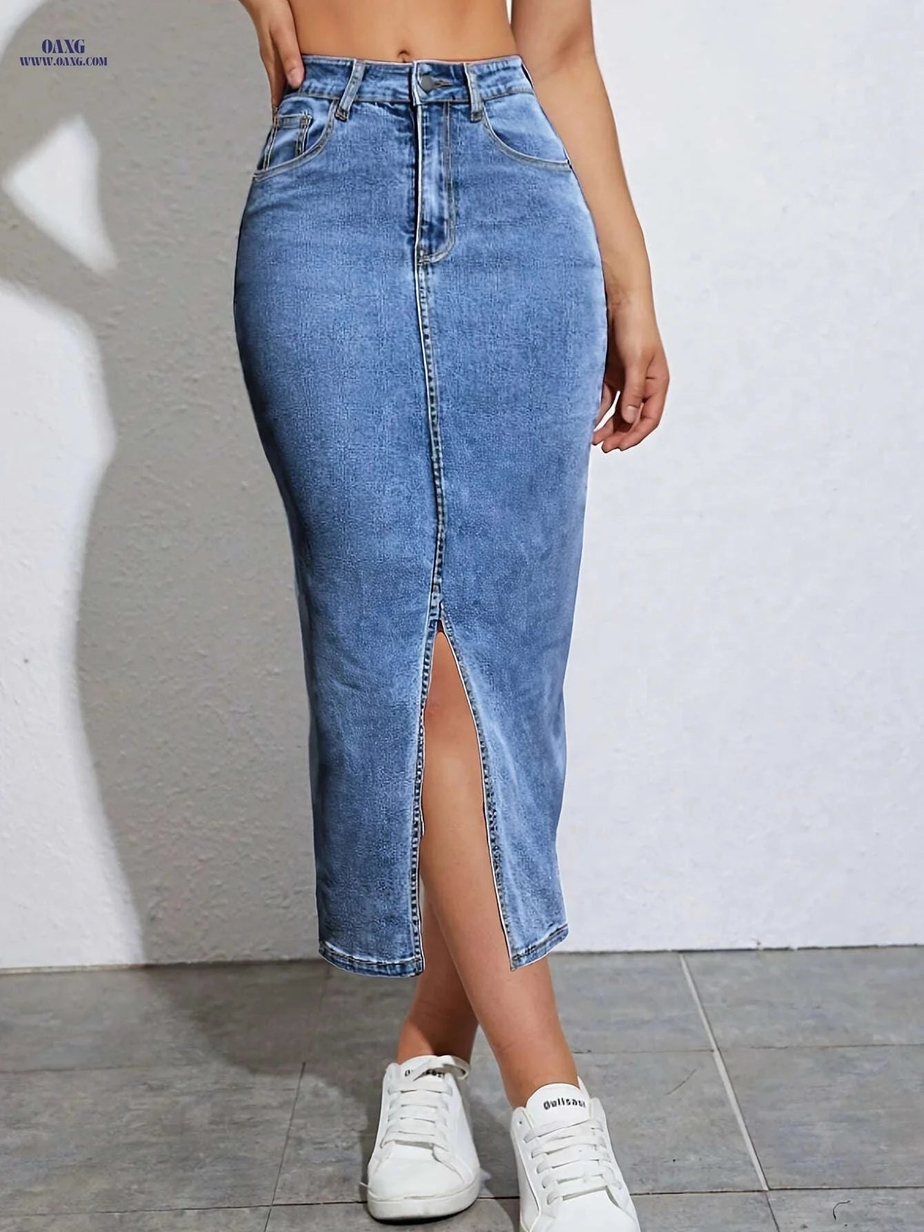 HELAIXIN Women's High-Waisted Denim Wrap Skirt - Slim Fit, Side Slit   OAXG Sea Blue / S