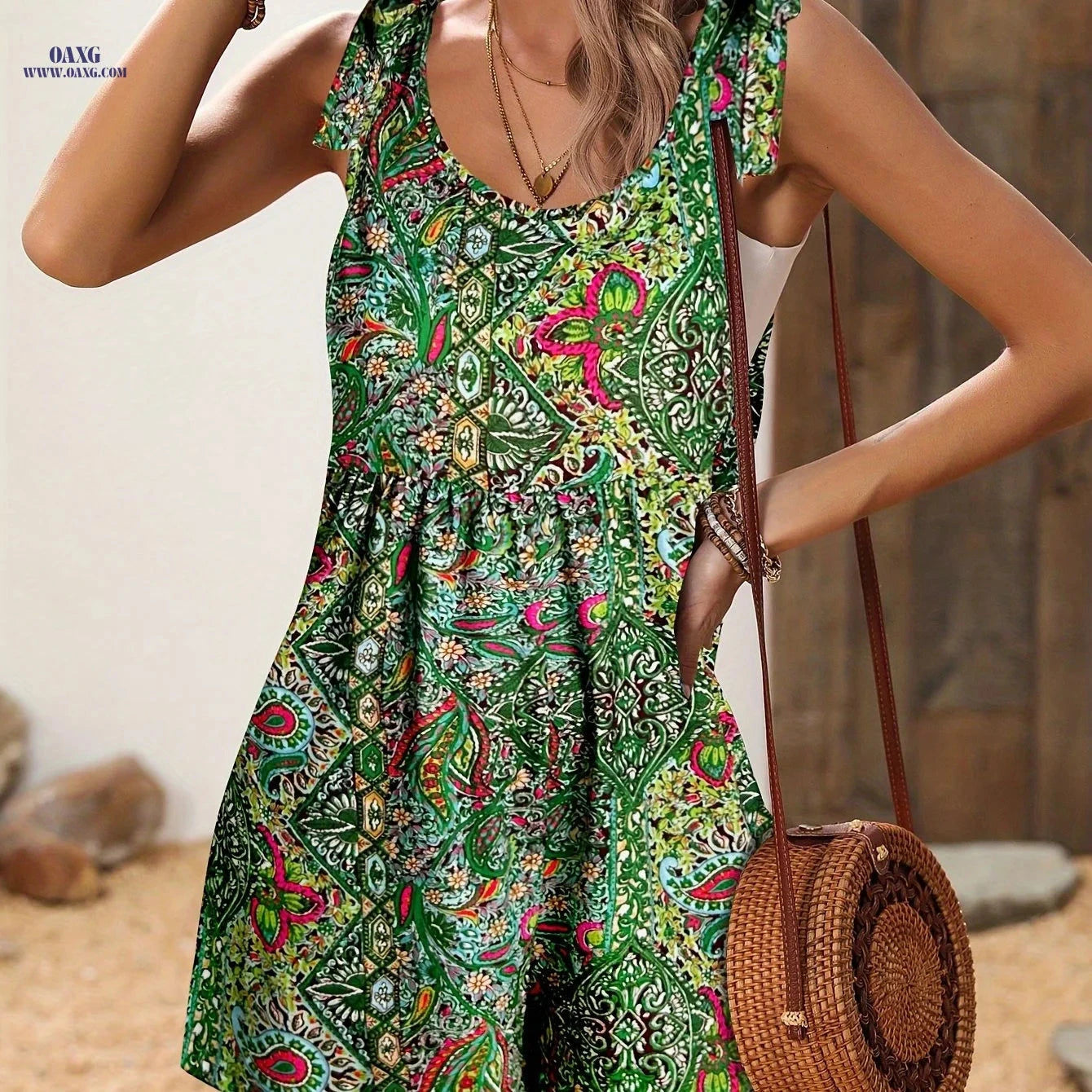 HeShan Casual Ethnic Print Strap Tie Romper - Spring/Summer Style   OAXG 