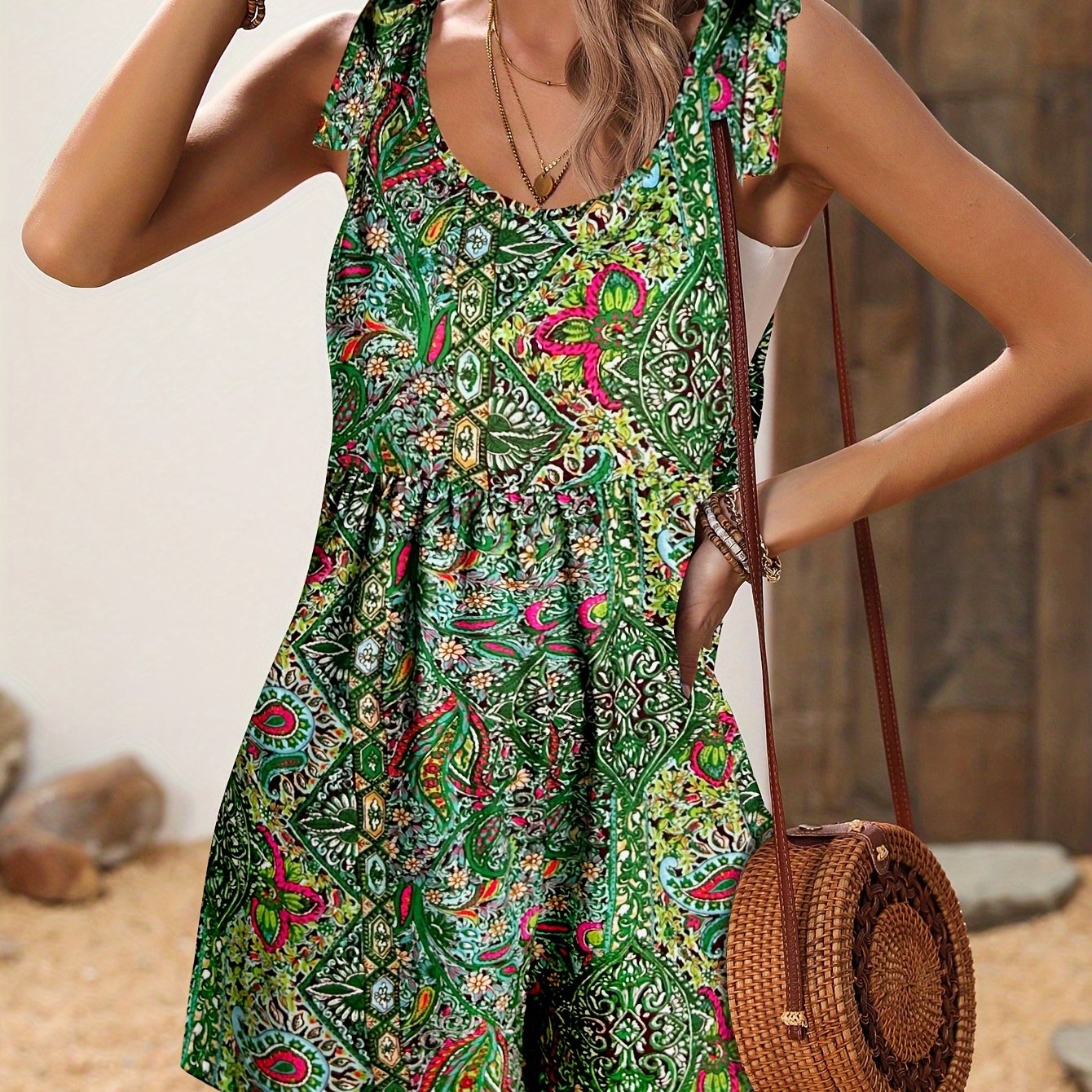 HeShan Casual Ethnic Print Strap Tie Romper - Spring/Summer Style   OAXG 