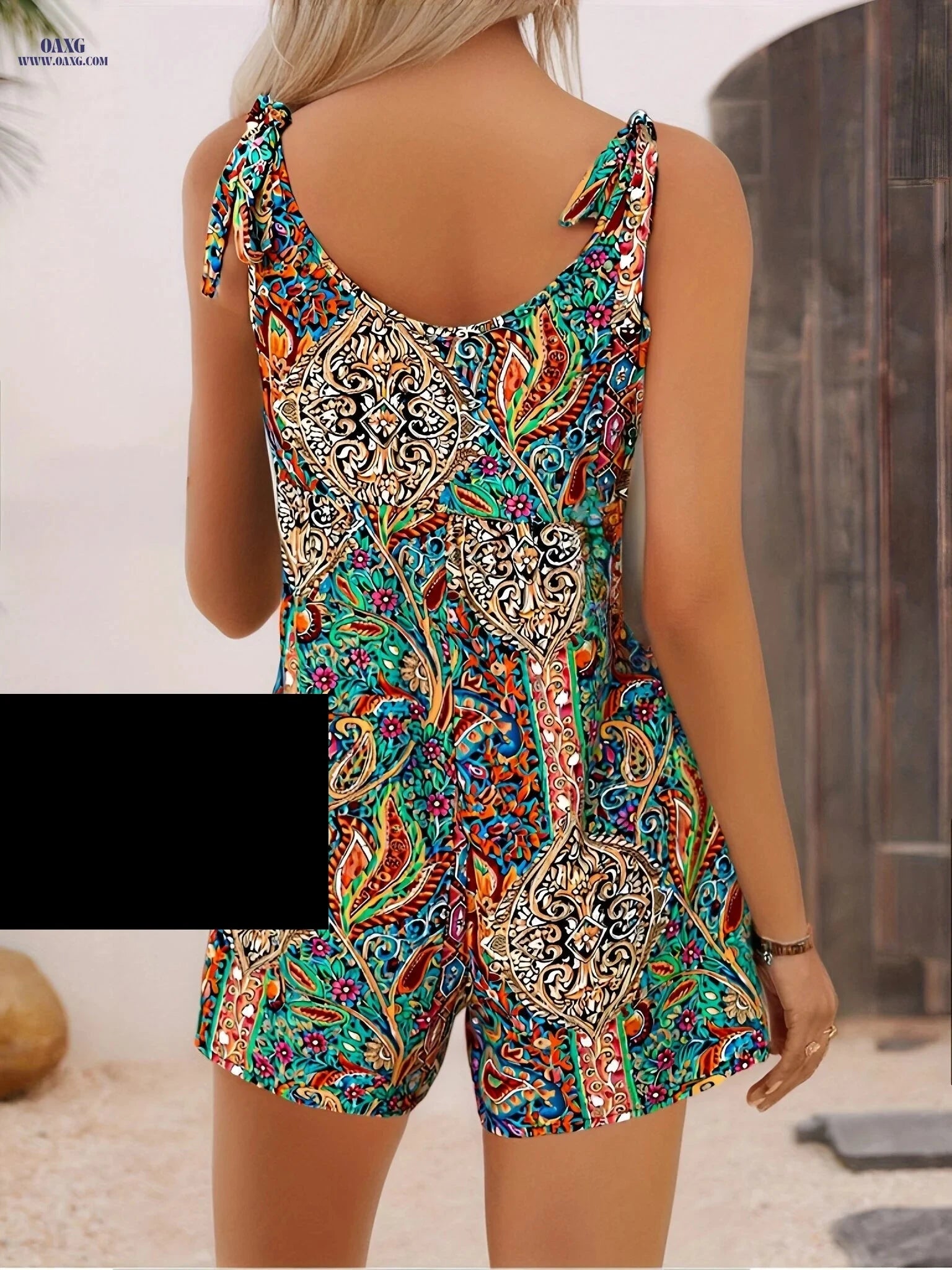 HeShan Casual Ethnic Print Strap Tie Romper - Spring/Summer Style   OAXG 
