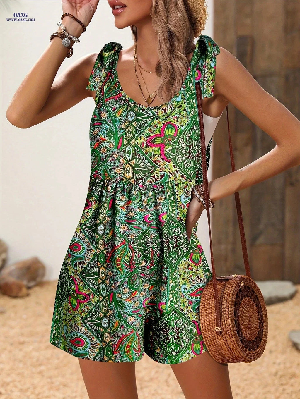 HeShan Casual Ethnic Print Strap Tie Romper - Spring/Summer Style   OAXG 【Multicolor】 / S