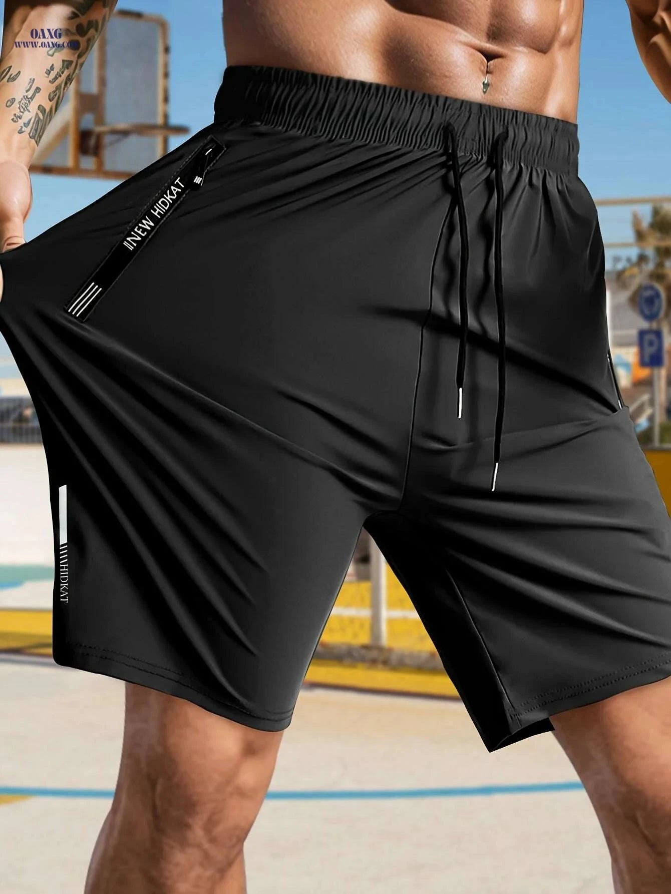 HIDKAT Men's High-Stretch Casual Shorts - Drawstring & Zipper Pockets   OAXG Black / XXS