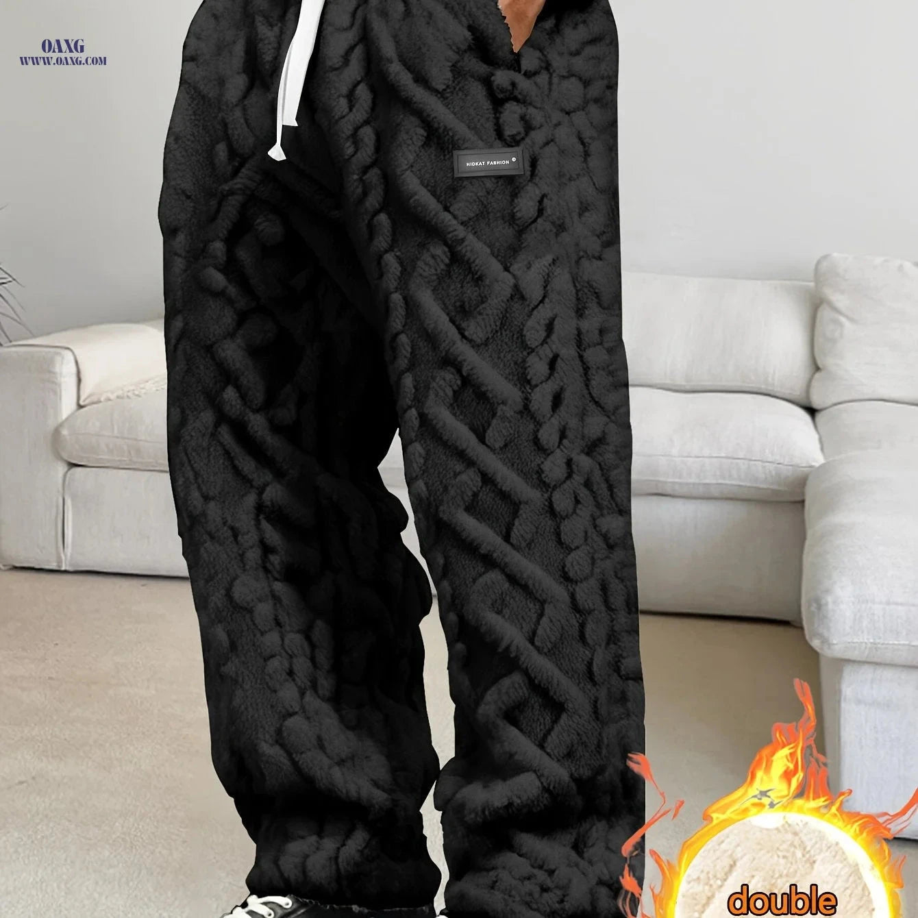 HIDKAT Men's Winter Casual Pants - Fleece-Lined, Drawstring Waist   OAXG Black / FR XS