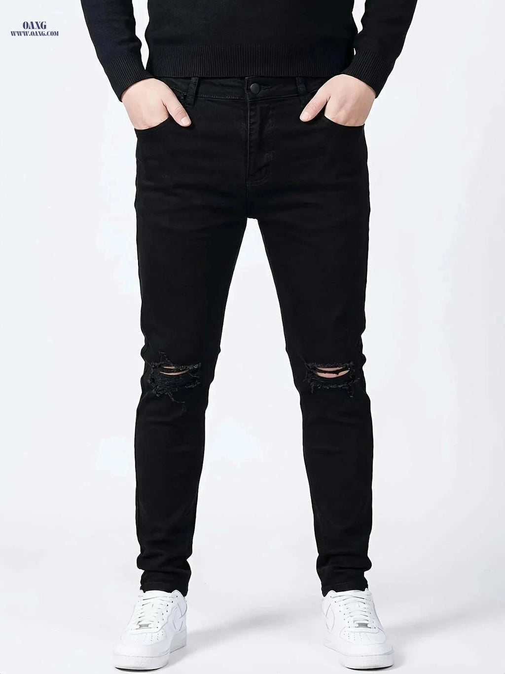 High-End Men's Black Ripped Denim Jeans - Plus Size, Stretch Fit   OAXG Black / FR 48