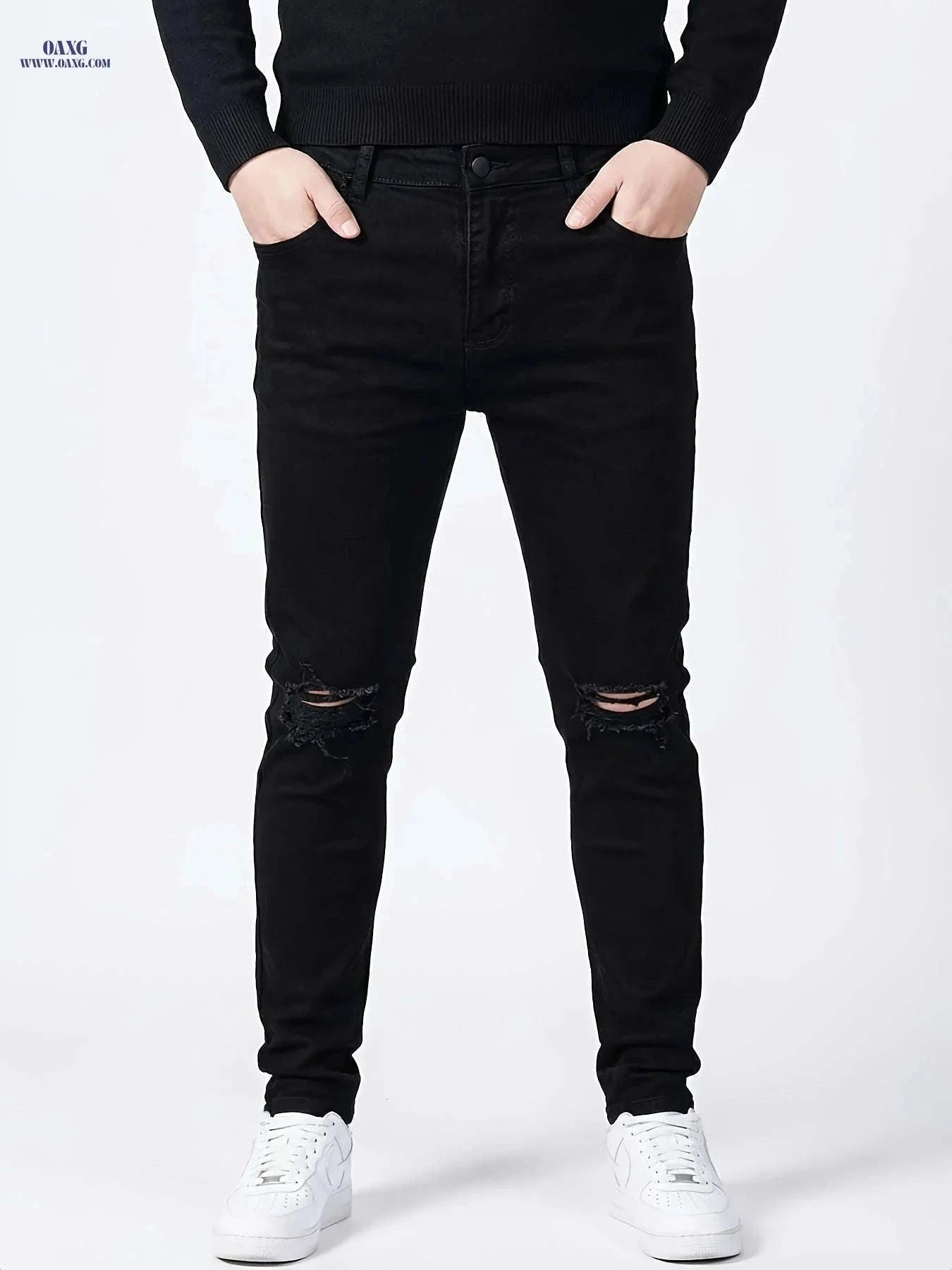High-End Men's Black Ripped Denim Jeans - Plus Size, Stretch Fit   OAXG Black / FR 48