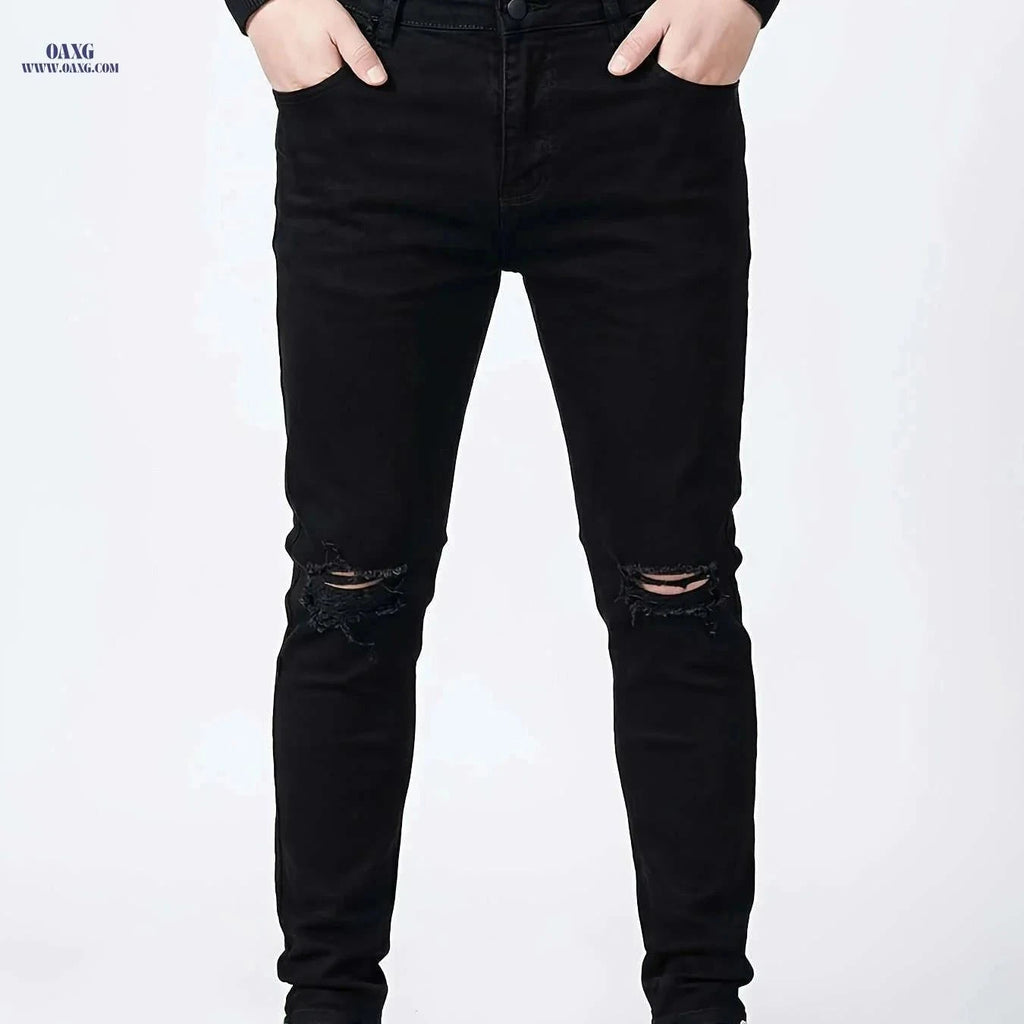 High-End Men's Black Ripped Denim Jeans - Plus Size, Stretch Fit   OAXG Black / FR 48