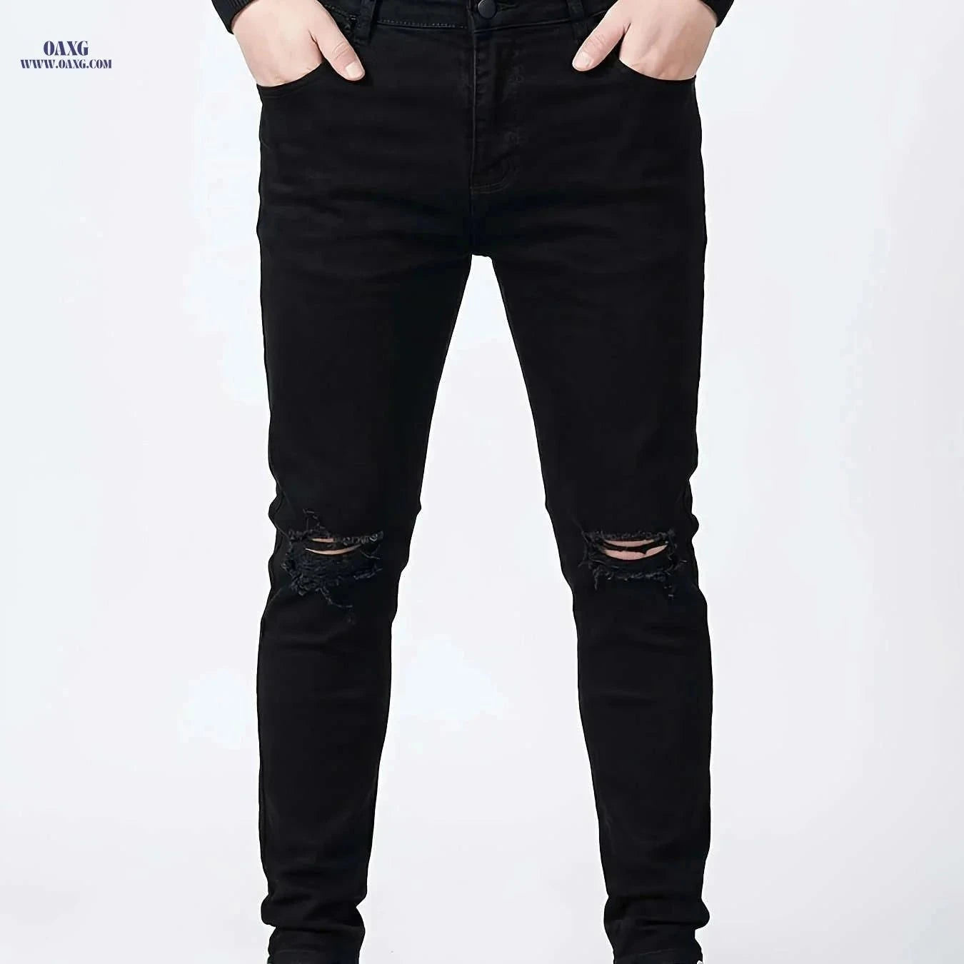 High-End Men's Black Ripped Denim Jeans - Plus Size, Stretch Fit   OAXG Black / FR 48