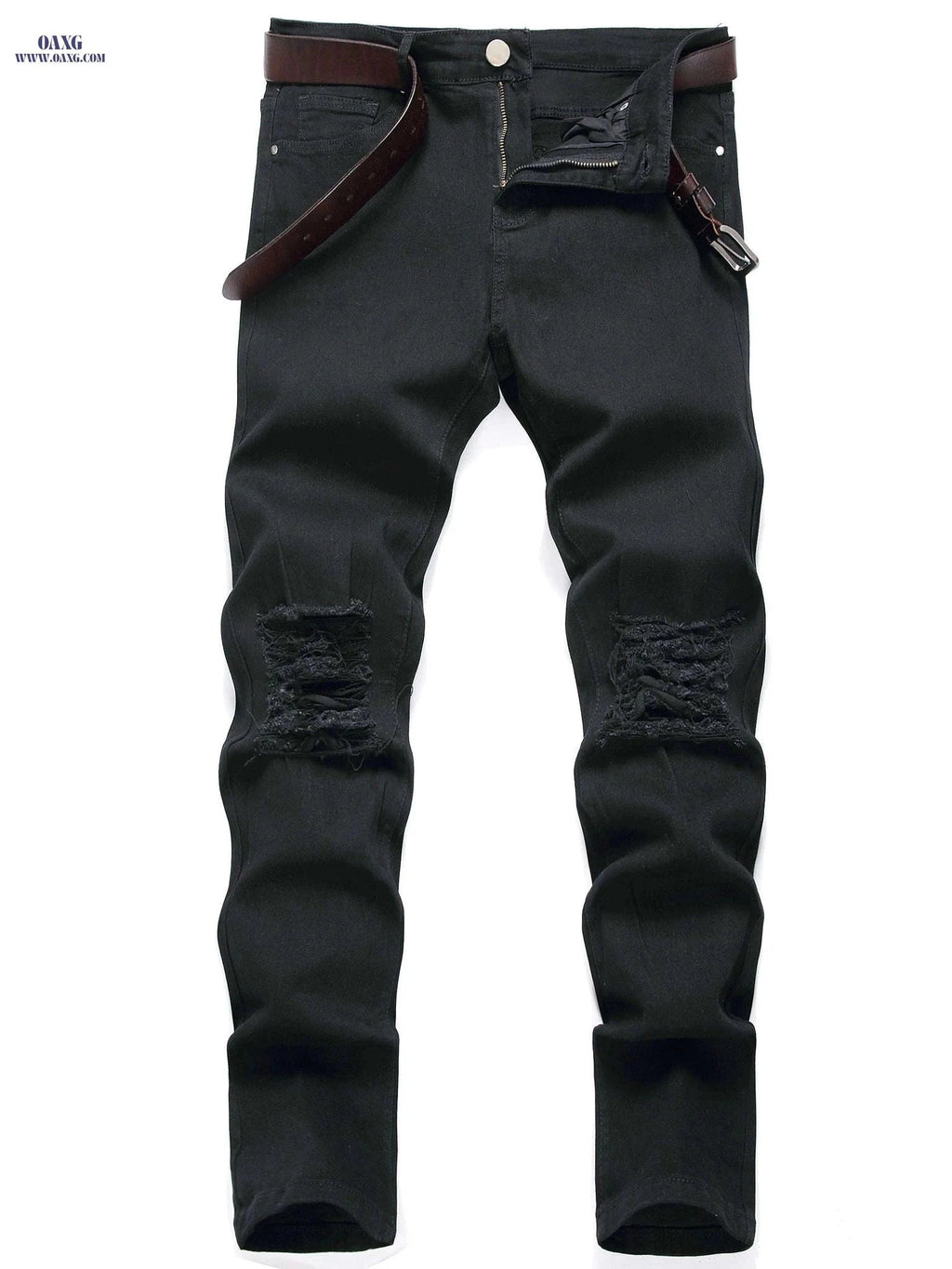 High-End Men's Black Ripped Denim Jeans - Plus Size, Stretch Fit   OAXG Black / FR 48
