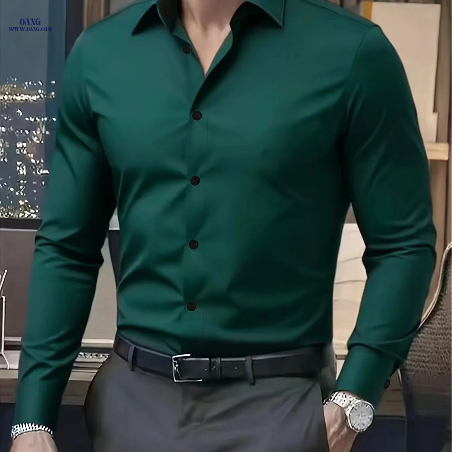 High-End Men's Solid Color Shirt - Stylish Long Sleeve for Spring   OAXG 
