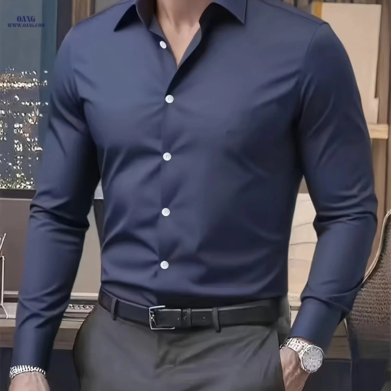 High-End Men's Solid Color Shirt - Stylish Long Sleeve for Spring   OAXG 