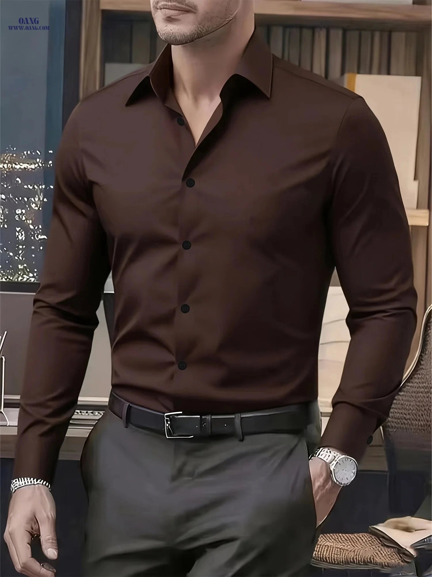 High-End Men's Solid Color Shirt - Stylish Long Sleeve for Spring   OAXG 