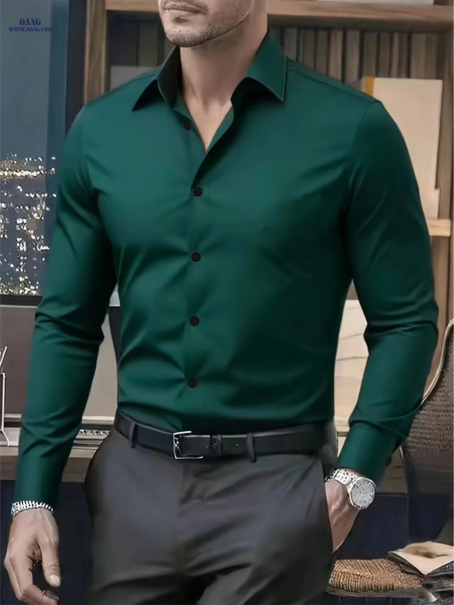 High-End Men's Solid Color Shirt - Stylish Long Sleeve for Spring   OAXG 