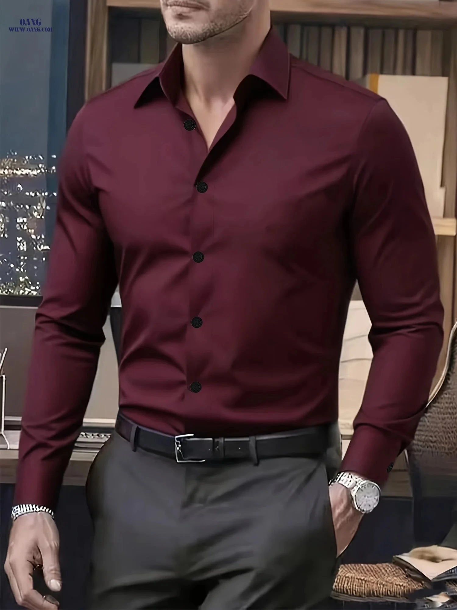 High-End Men's Solid Color Shirt - Stylish Long Sleeve for Spring   OAXG 