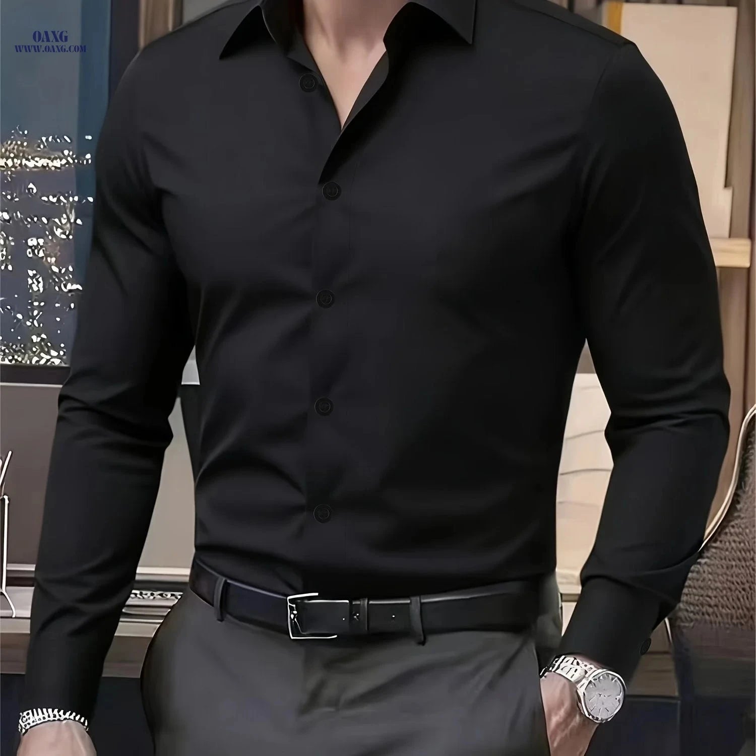 High-End Men's Solid Color Shirt - Stylish Long Sleeve for Spring   OAXG 