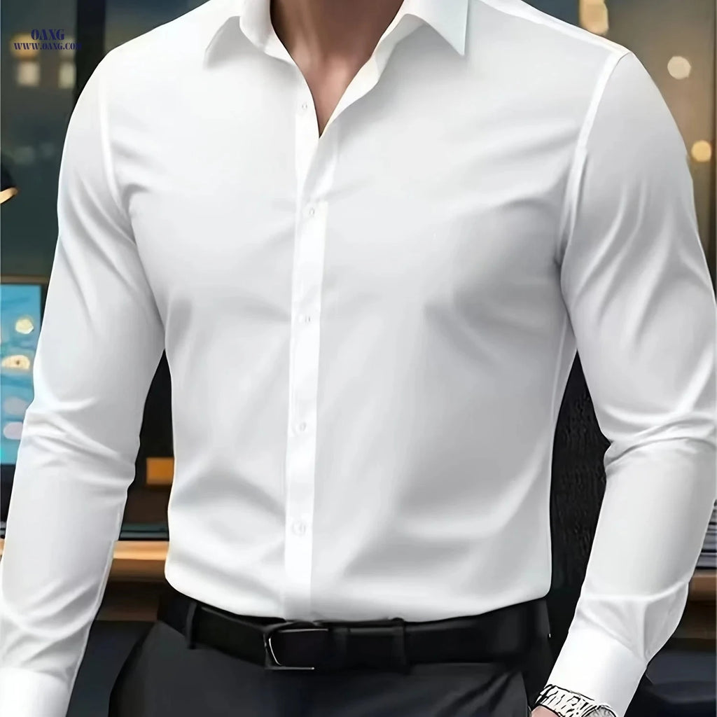 High-End Men's Solid Color Shirt - Stylish Long Sleeve for Spring   OAXG 