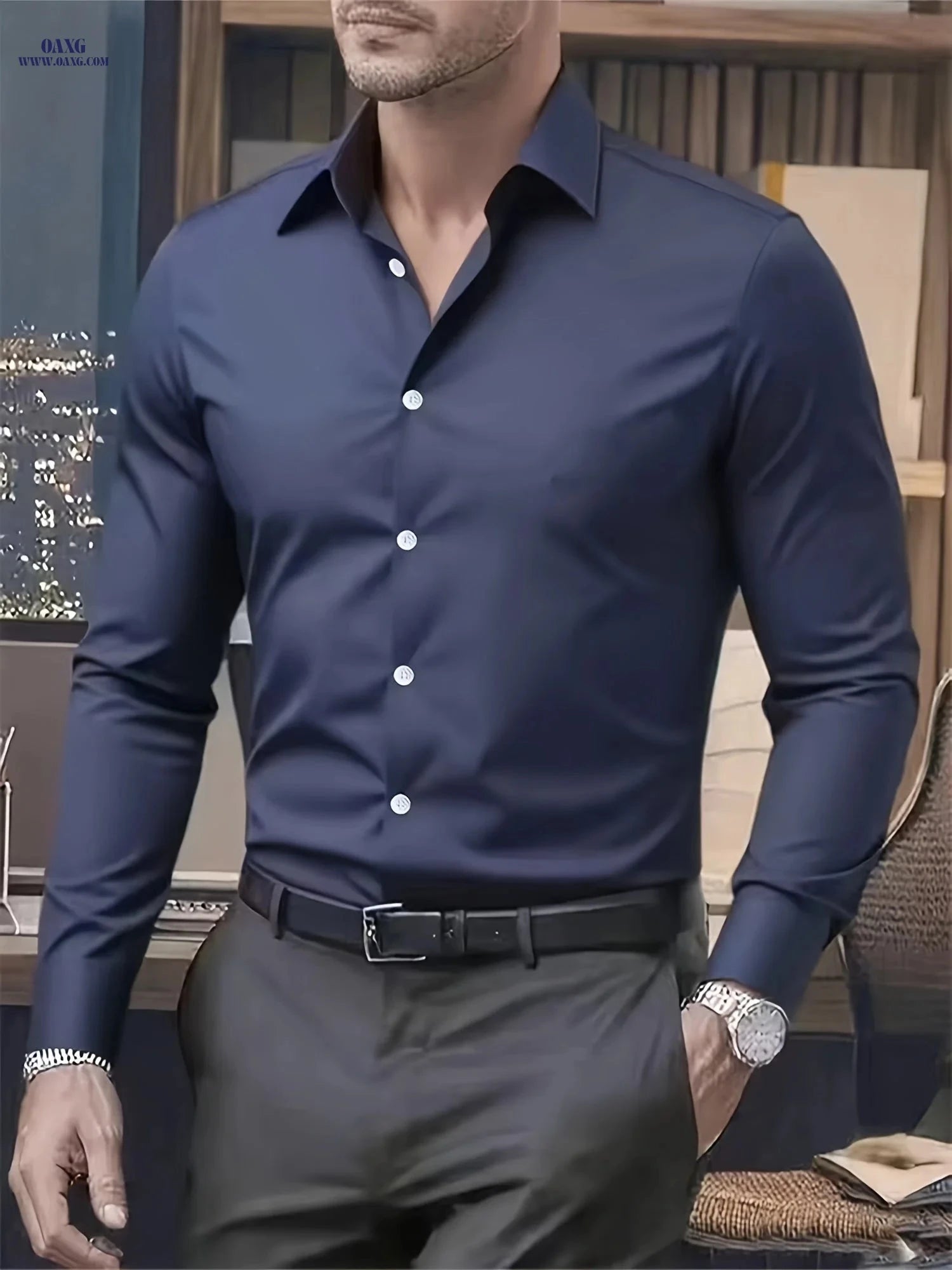High-End Men's Solid Color Shirt - Stylish Long Sleeve for Spring   OAXG White / FR S