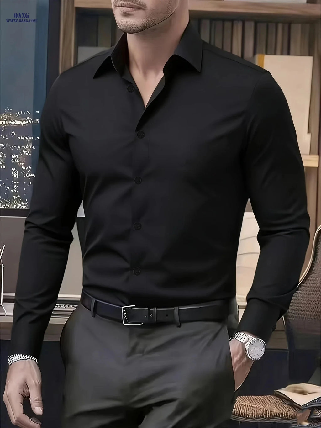 High-End Men's Solid Color Shirt - Stylish Long Sleeve for Spring   OAXG White / FR S